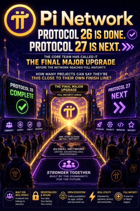 A promotional graphic for Pi Network announcing that Protocol 26 is complete and Protocol 27 is next, labeled as 'The Final Major Upgrade' before the network reaches full maturity.