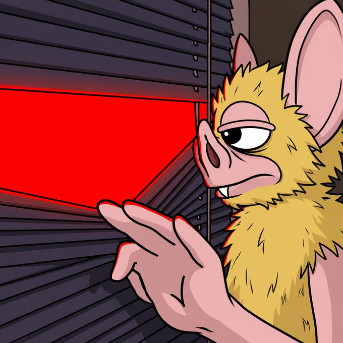 A cartoon bat peers through partially opened window blinds, bathed in ominous red light from outside. The image pairs with the caption "the vision remains intact," suggesting vigilance, surveillance, or an unblinking watchfulness from the shadows.