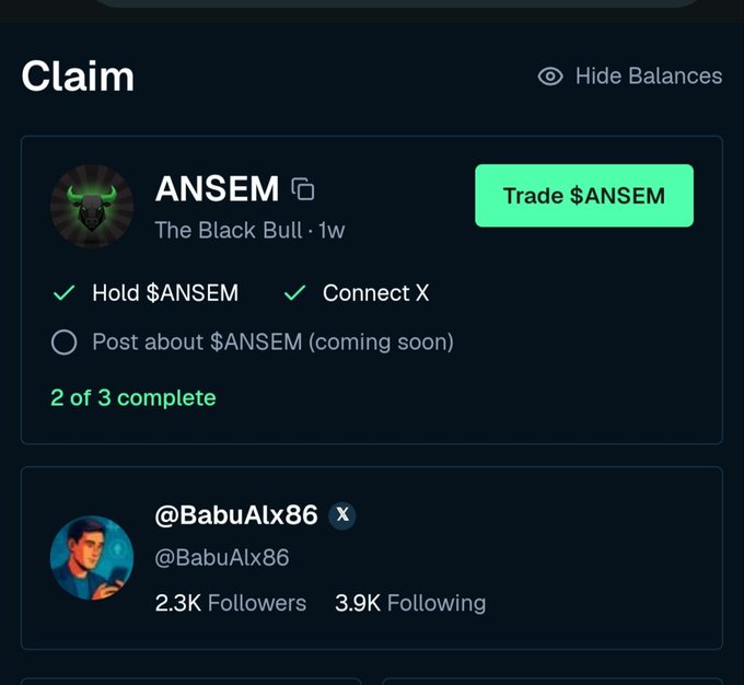 A 'Claim' interface showing ANSEM ($ANSEM, 'The Black Bull') with tasks to hold $ANSEM and connect X, showing 2 of 3 complete, above an X/Twitter profile for @BabuAlx86 with 2.3K followers.