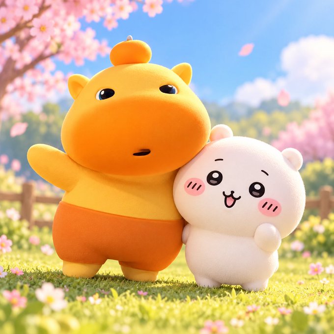 Two cute 3D-rendered cartoon characters, an orange dinosaur-like creature and a pink bear-like character, standing together in a grassy field with pink flowers and a cherry blossom tree in the background.