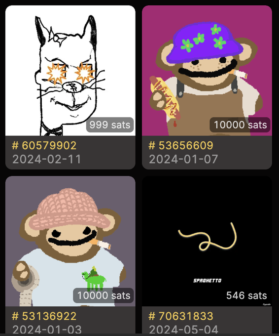 Four digital art pieces are displayed with identifying numbers, dates, and sat amounts, including a cat with star eyes ('#6057902', 999 sats), two Bored Ape-style monkeys holding items, and a spaghetti line drawing labeled 'SPAGHETTO'.