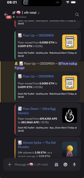 A Discord channel 'nft-intel' showing NFT alerts including 'Floor Up — ODDSMEN' (0.0080 ETH to 0.0091 ETH), 'Floor Down — OtherEgo Genesis', and a 'Volume Spike — The Del Mundos'.