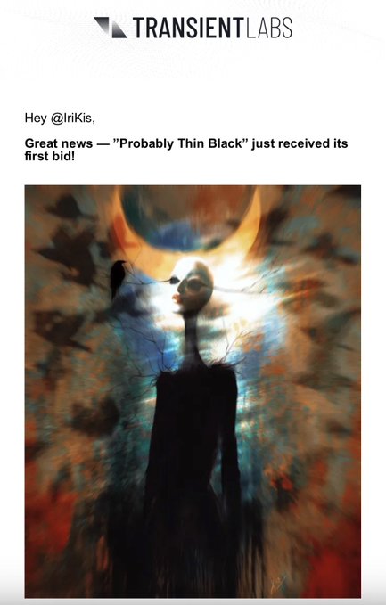 A notification from TRANSIENT LABS addressed to @IriKis announces that "Probably Thin Black" received its first bid, accompanied by an abstract digital artwork of a figure with a glowing halo against a dark, textured background.
