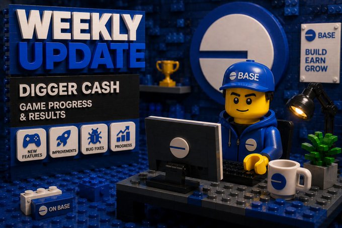 A 3D LEGO-style promotional image for 'BASE' titled 'WEEKLY UPDATE: DIGGER CASH GAME PROGRESS & RESULTS', showing a minifigure at a computer with icons for new features, improvements, bug fixes, and progress.