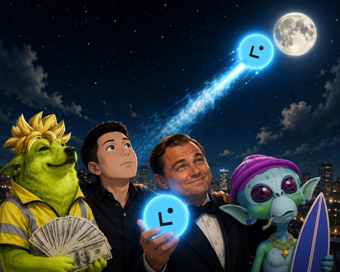A diverse cast—including Leonardo DiCaprio in a tuxedo, an animated boy, a green dog in a yellow vest holding cash, and a purple-capped alien with a surfboard—gazes up at a glowing rocket bearing the Linea logo soaring toward a full moon. The image playfully ties into the post's hype for the upcoming $LINEA token launch, with the Linea-branded rocket symbolizing the project's liftoff into the crypto space.