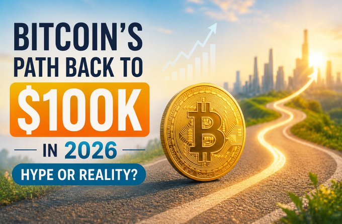 A graphic titled 'BITCOIN'S PATH BACK TO $100K IN 2026 HYPE OR REALITY?' showing a Bitcoin coin on a road with a city skyline and upward arrow in the background.