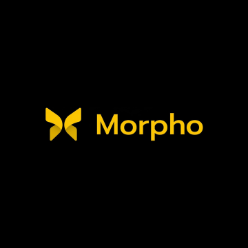 The image features a logo for a company named Morpho. The logo consists of a yellow butterfly with black wings against a black background. Below the butterfly, there are words written in white text that read "Morpho". The image also includes some text about the company's financial backing and its presence on various cryptocurrency exchanges.