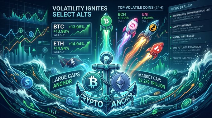 A crypto market graphic titled 'VOLATILITY IGNITES SELECT ALTS' highlighting gains for BTC (+13.98%), ETH (+14.94%), BCH (+31.21%), and UNI (+15.82%), along with a 'Crypto Anchor' ship emblem and a total market cap of $2.239 trillion.