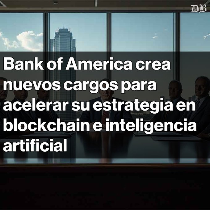 The caption for this image would read: "Strategic meeting at Bank of America as the financial institution reshuffles its teams to bolster its focus on blockchain and artificial intelligence. The text hints at an internal memo or public announcement regarding the adoption of new technologies in the banking sector." This caption relates to the accompanying post by mentioning the organizational changes and the involvement of Sonali Theisen in the initiative, underscoring the industry's move towards digital assets and AI integration.