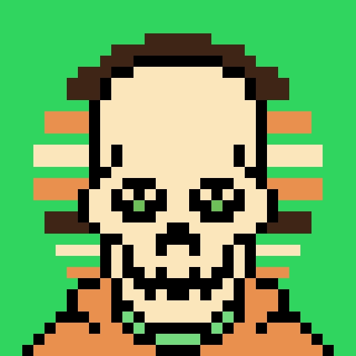 Pixel art portrait of a person with brown hair and orange clothing against a green background with horizontal orange stripes.