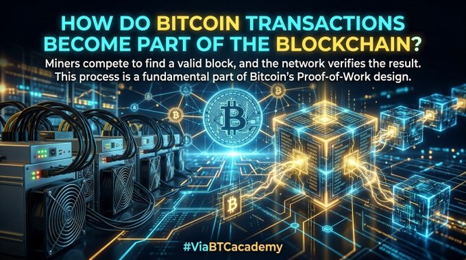 An infographic titled "HOW DO BITCOIN TRANSACTIONS BECOME PART OF THE BLOCKCHAIN?" explaining miners' Proof-of-Work, featuring mining rigs and a glowing Bitcoin block graphic, tagged "#ViaBTCacademy".