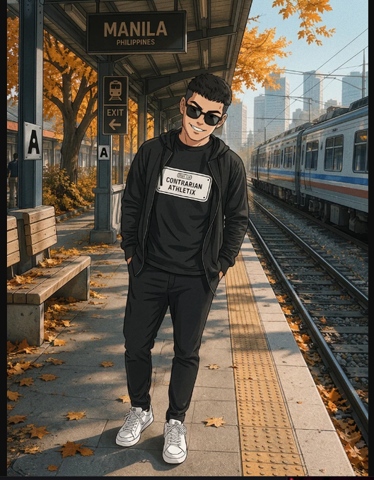 A digital illustration of a stylish young man in an all-black outfit and sunglasses standing on a train platform under a 'MANILA PHILIPPINES' sign, with autumn leaves scattered around.