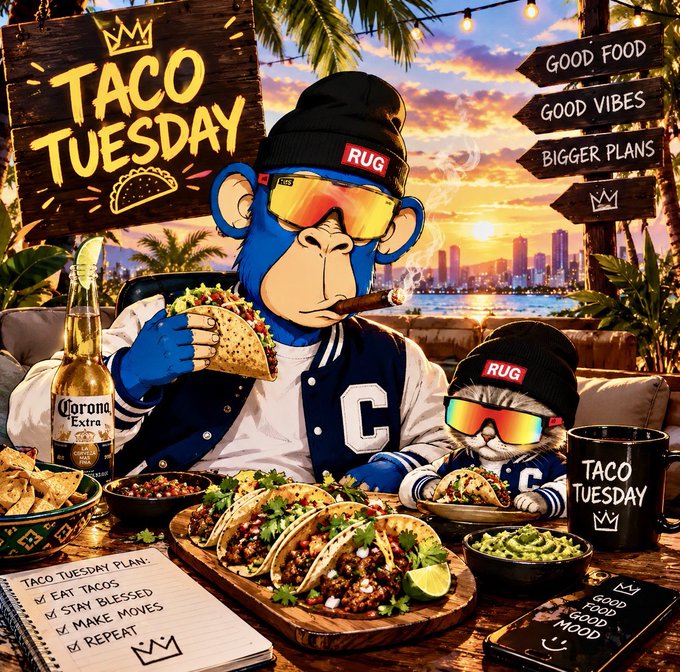 A vibrant illustration features a blue monkey and cat wearing 'RUG' beanies and varsity jackets enjoying 'TACO TUESDAY' with tacos, a Corona Extra beer, and guacamole, set against a sunset cityscape.