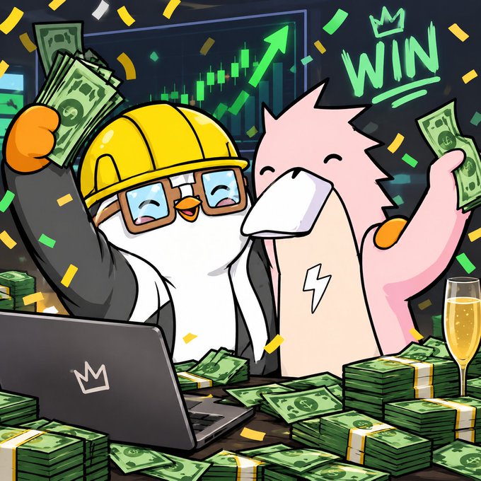 A cartoon illustration celebrating a win, showing a construction-hat-wearing character and a pink bird-like mascot holding cash, surrounded by stacks of money and a laptop displaying a rising green chart.