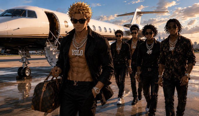 A group of stylish young men, one wearing a "YOLO" necklace, pose confidently in front of a private jet, with others displaying "4PF" necklaces, embodying the bold, unstoppable energy of the YOLO community highlighted in the post.