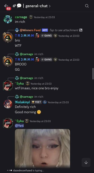 A screenshot of Discord’s “general-chat” shows users “carnage,” “T R 3 M M M,” “Syku,” “@Kolakingt,” and “@Yeti” discussing someone becoming rich, with messages including “im rich,” “Definitely rich,” and “Good morning,” plus a reaction image. The post uses this chat as proof of a MetaWin player turning a $0.10 wager into $17k, emphasizing that the win and payouts are verified.