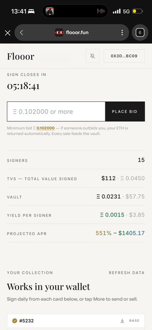 A mobile screenshot of flooor.fun showing the "Flooorr" NFT auction with 5:18:41 remaining, featuring artwork "0X3D...BC09" with 15 signers, a Total Value Signed of $112, and current NFT #5232 in the wallet collection.

The image relates to the post by showing the active flooor.fun auction platform where vrnouns and Gnars holders participate, with visible bid amounts ($57.75 vault, 0.0015 ETH yield per signer) relevant to the $1/$4 distribution proposal mentioned.
