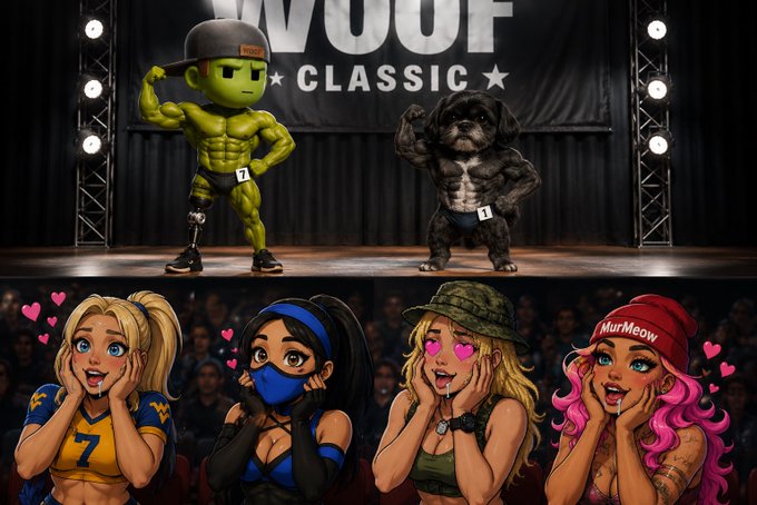 A 'WOOF CLASSIC' bodybuilding competition scene featuring a muscular green Hulk-like character and a muscular dog, judged by four anime-style women with heart eyes in the audience.