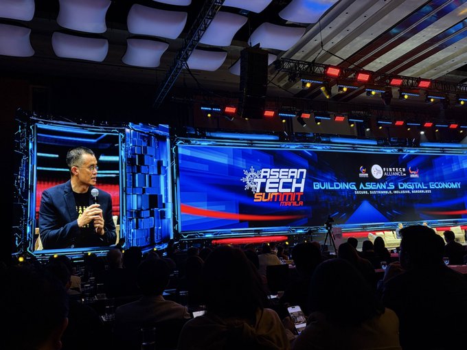 Changpeng Zhao (CZ), founder of Binance, speaks on stage at the "ASEAN Tech Summit: Building ASEAN's Digital Economy," referencing the exchange's recent regulatory progress in the Philippines and its ongoing regional expansion.