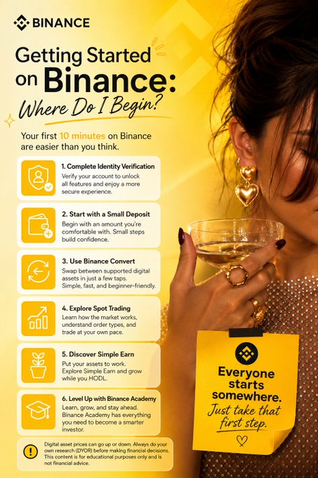 A Binance promotional infographic titled "Getting Started on Binance: Where Do I Begin?" outlines a six-step beginner roadmap—identity verification, small deposit, Binance Convert, Spot Trading, Simple Earn, and Binance Academy—set against a photo of a woman holding a glass, reinforcing the post's message that first steps take only 10 minutes and that "Everyone starts somewhere."