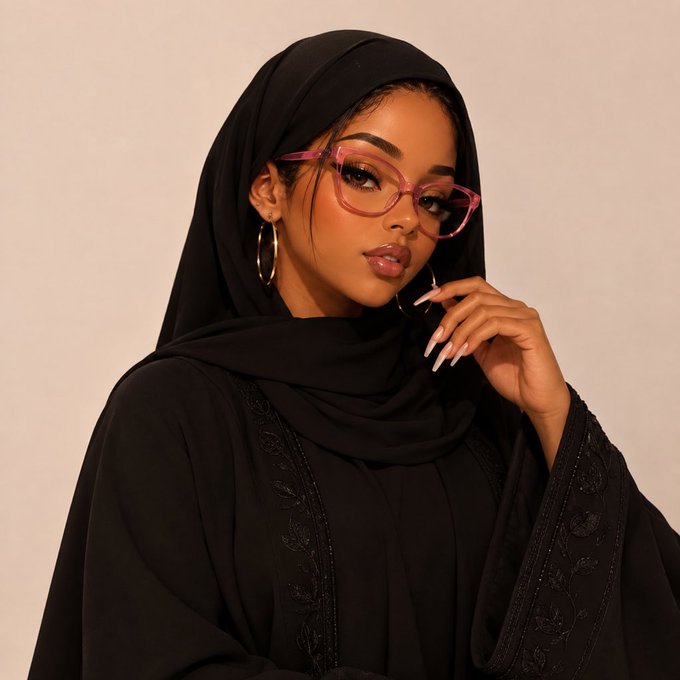 A portrait of a young woman wearing a black hijab and an embroidered black abaya, accessorized with pink-tinted glasses and gold hoop earrings, posing against a plain beige background.