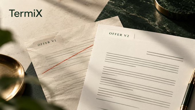 A 'TermiX' branded image showing two document offers labeled 'OFFER V1' (crossed out in red) and 'OFFER V2' on a desk.