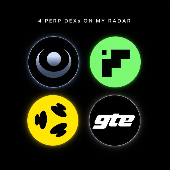 A graphic titled '4 PERP DEXs ON MY RADAR' displaying four circular logos: a black and blue eye/crescent design, a green 'IF' logo, a yellow smiley face, and a black 'gte' logo.