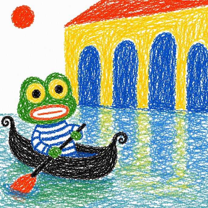 A crayon-style child's drawing of a green frog with a red mouth rowing a black gondola on blue water, with a yellow and blue Venetian-style building in the background.