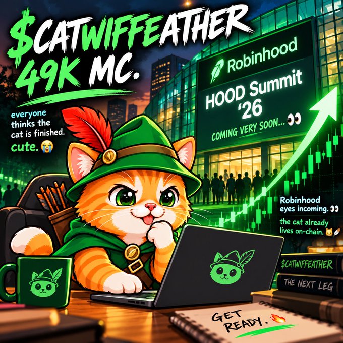 A promotional graphic shows a cartoon cat dressed as Robin Hood with text reading '$CATWIFFEATHER 49K MC.', 'Robinhood HOOD Summit '26 COMING VERY SOON', and other crypto/meme coin messaging.