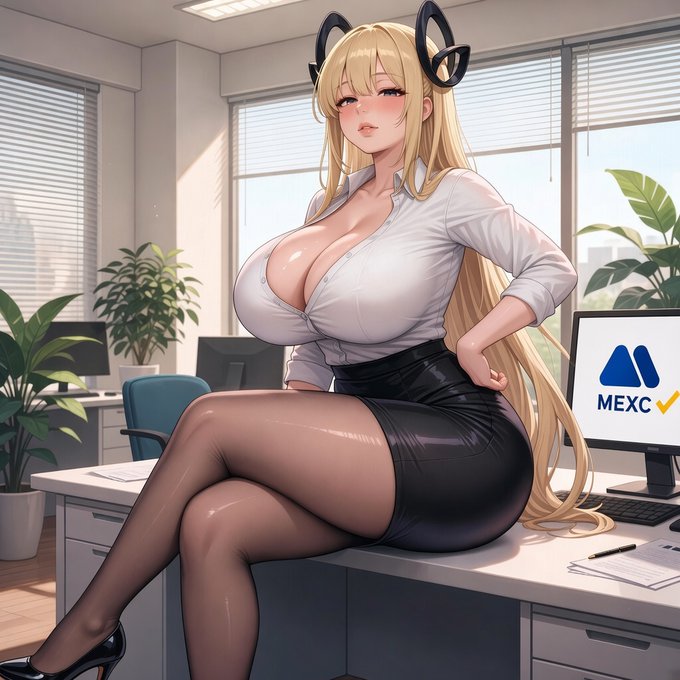 An anime-style illustration depicts a blonde woman with horns sitting on a desk in an office, wearing a white blouse and black skirt, with a computer monitor displaying the 'MEXC' logo.