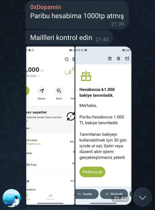 A screenshot of a Telegram chat where user '0xDopamin' shares messages in Turkish: 'Paribu hesabıma 1000tp atmış' and 'Mailleri kontrol edin', accompanied by a Paribu app screenshot showing a 1,000 TL gift.