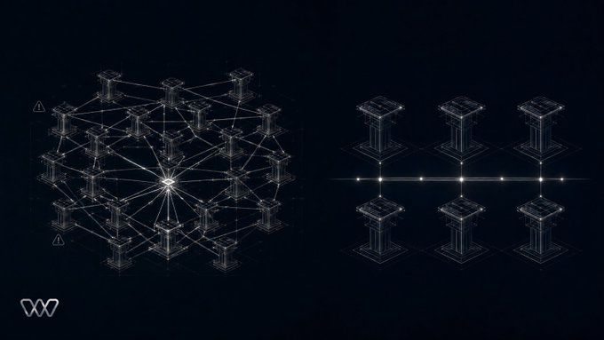 A dark digital illustration comparing two network structures: a decentralized mesh network of interconnected pillars on the left versus a centralized, linear hub-and-spoke structure on the right, with a W3 logo in the bottom left corner.