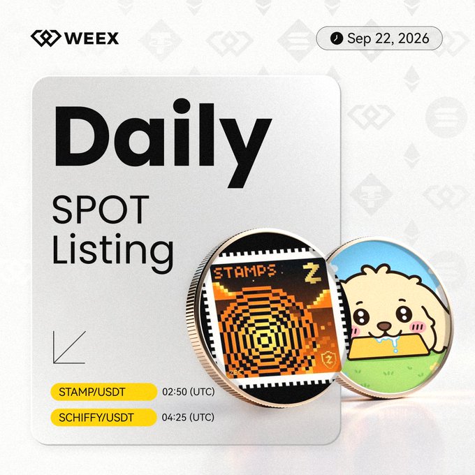 A WEEX "Daily Spot Listing" announcement card dated Sep 22, 2026, featuring two commemorative coins representing the new listings: STAMP/USDT at 02:50 UTC (shown with a retro pixelated stamp design) and SCHIFFY/USDT at 04:25 UTC (shown with a cartoon dog character), matching the exchange's scheduled spot listing times.