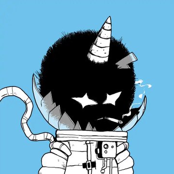 A black and white illustration of a stylized monstrous character with a horn, star-shaped eyes, and mechanical tubing, smoking a cigarette against a solid blue background.