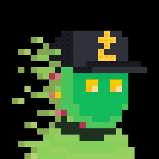 A pixel art illustration of a green character wearing a black hat with the number '2' on it, set against a black background.