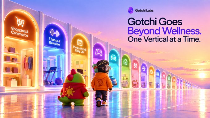 A promotional image for Gotchi Labs titled 'Gotchi Goes Beyond Wellness. One Vertical at a Time.' showing cartoon characters walking past colorful storefronts labeled 'Shopping & Commerce', 'Fitness & Exercise', and 'Productivity & Daily Life'.