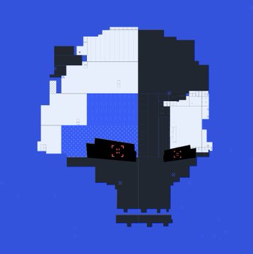 A pixel art illustration of a stylized black and white skull or mask with red eyes on a blue background.