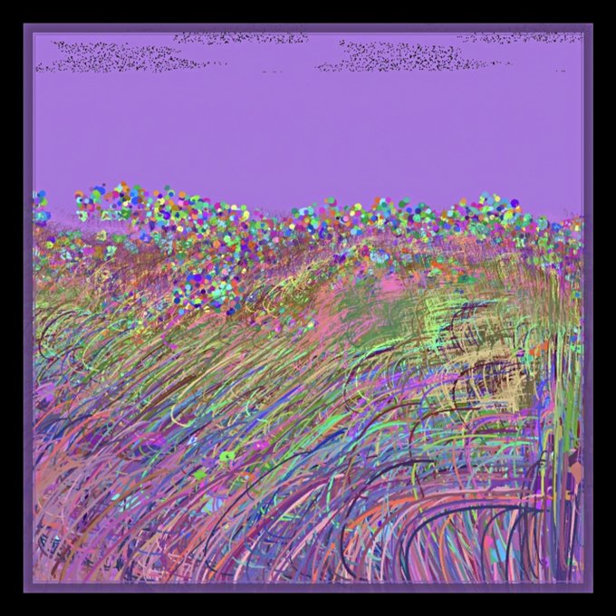 A colorful abstract artwork featuring a purple sky above a vibrant field of multicolored flowers and swirling grass textures.