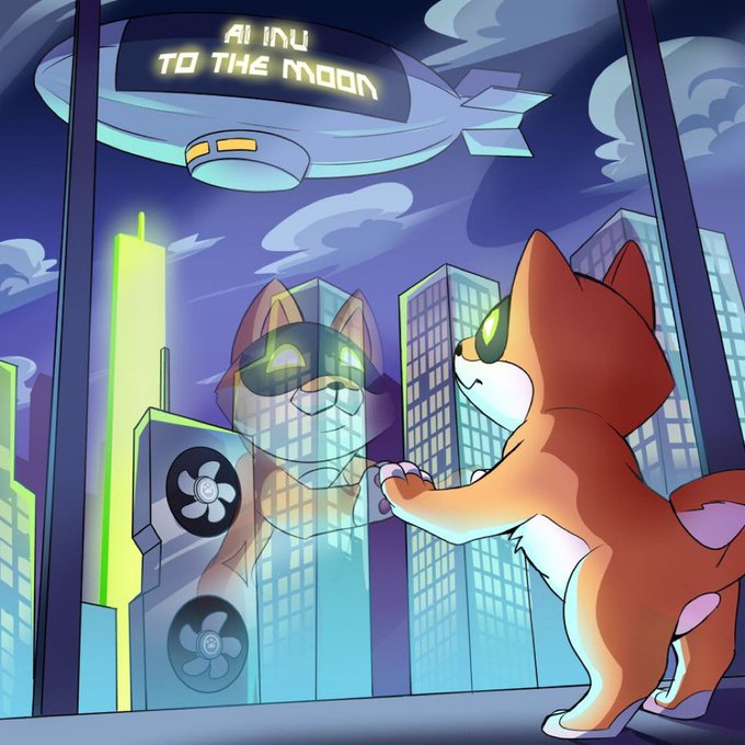 A cartoon illustration features a brown and white dog (Shiba Inu) standing on its hind legs, pressing its paws against a window that reflects another dog's face. Above the cityscape, a blimp displays the text 'AI INU TO THE MOON.'