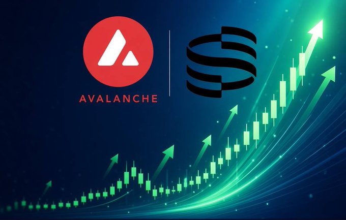 A promotional graphic showing the Avalanche (red triangular logo) and a stylized black 'S' logo alongside an ascending green candlestick chart.