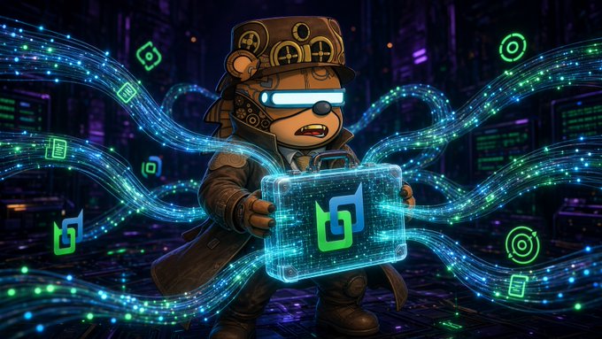 A digital illustration depicts a steampunk-styled teddy bear wearing goggles and holding a glowing blue briefcase with a green logo, surrounded by flowing streams of data and digital icons in a cyberpunk cityscape.