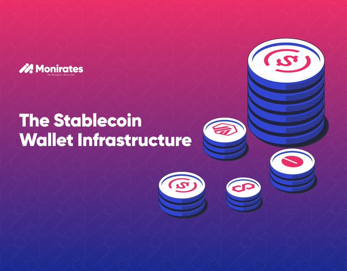 A promotional graphic for "Monirates" titled "The Stablecoin Wallet Infrastructure," featuring 3D stacks of blue coins with various cryptocurrency logos on a gradient pink-to-purple background.