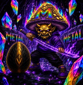 A vibrant fantasy illustration features a samurai-style warrior with an oni mask and a large straw hat adorned with an 'M', wielding a glowing purple katana amidst crystalline structures, with the word 'METAL' visible in the background.