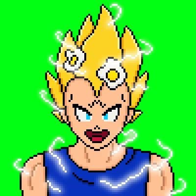 A pixel art illustration of Vegeta from Dragon Ball with spiky blonde hair and glowing white energy effects on a green background.