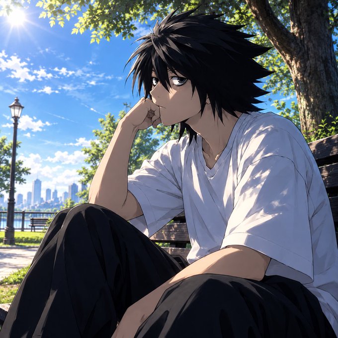 An anime-style illustration of a young man with black hair in a white t-shirt sitting on a park bench with a city skyline in the background.