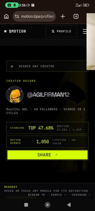 A mobile screenshot of the $MOTION profile page on motion.tips showing creator "@AGILFIRMAN12" with 60 followers, top 47.68% standing, 1,050 motion burned, and a green "SHARE" button.