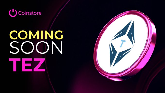 The image features a pink coin with a blue triangle design, which appears to be a new cryptocurrency called TEZ. The coin has been released for sale by CoinStore, and it's now available for purchase. The text "Coming Soon" is displayed above the coin, indicating that it will be available in the near future. Additionally, there are mentions of other cryptocurrencies like USDT (United States Dollar) and X Link: x.com/teslaxtesl62668, which could be related to the coin or the CoinStore platform itself.