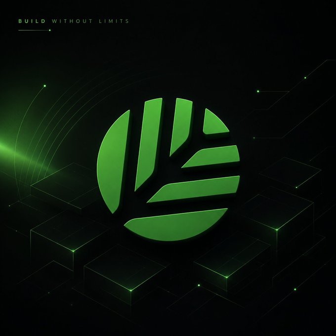 A dark promotional graphic with green accents displaying 'BUILD WITHOUT LIMITS' text and a stylized green logo featuring curved segmented shapes resembling a hand or rising sun, set against a black background with geometric cubes.