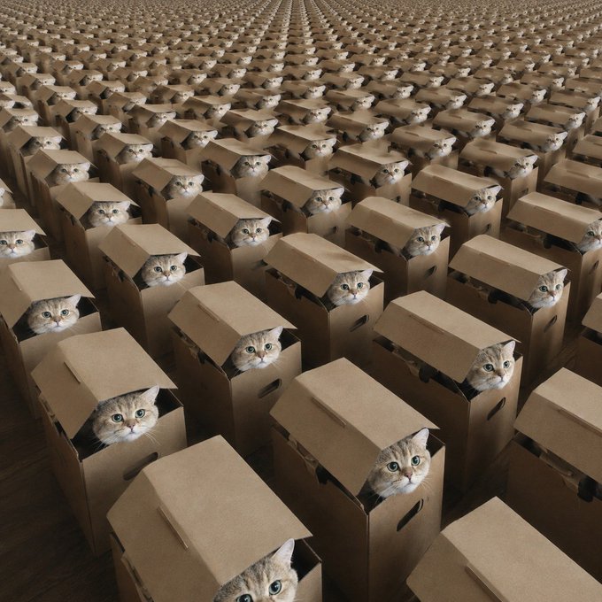Hundreds of identical tabby cats peek out from uniformly arranged cardboard boxes stretching into the distance, visualizing the playful claim that "a cat is nothing without a box." The endless repetition of feline faces emerging from identical packaging cleverly reinforces the $BOXED cat movement's lighthearted branding.