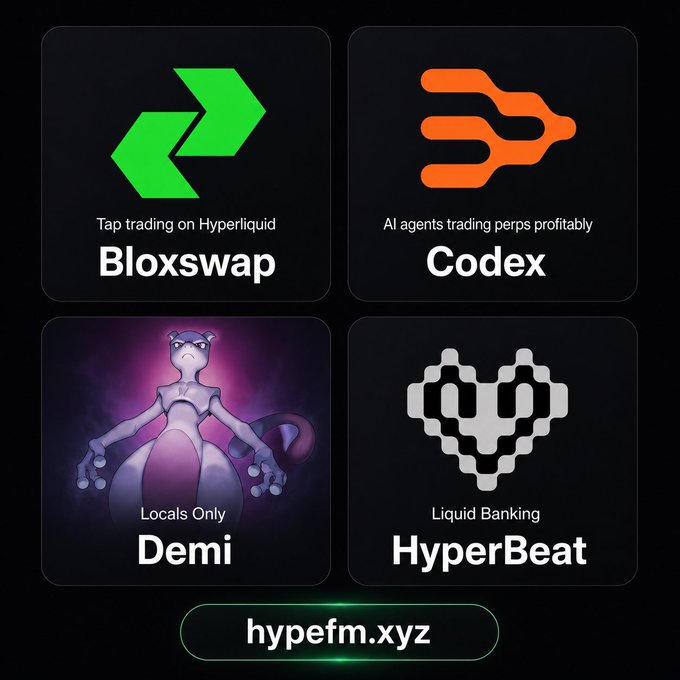 The image features four different logos for various cryptocurrency exchanges, including Hyperliquid, Codex, Liquid Banking, and Decimals Only. The logos are displayed against a black background with white text. The first logo is for Hyperliquid, followed by Codex, Liquid Banking, and Decimals Only. Each of these logos has its own unique design and color scheme to represent the respective cryptocurrency exchange.